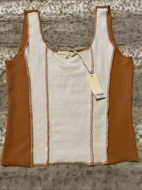 Buckle Two-Tone Ribbed Tank Top in White and Brown